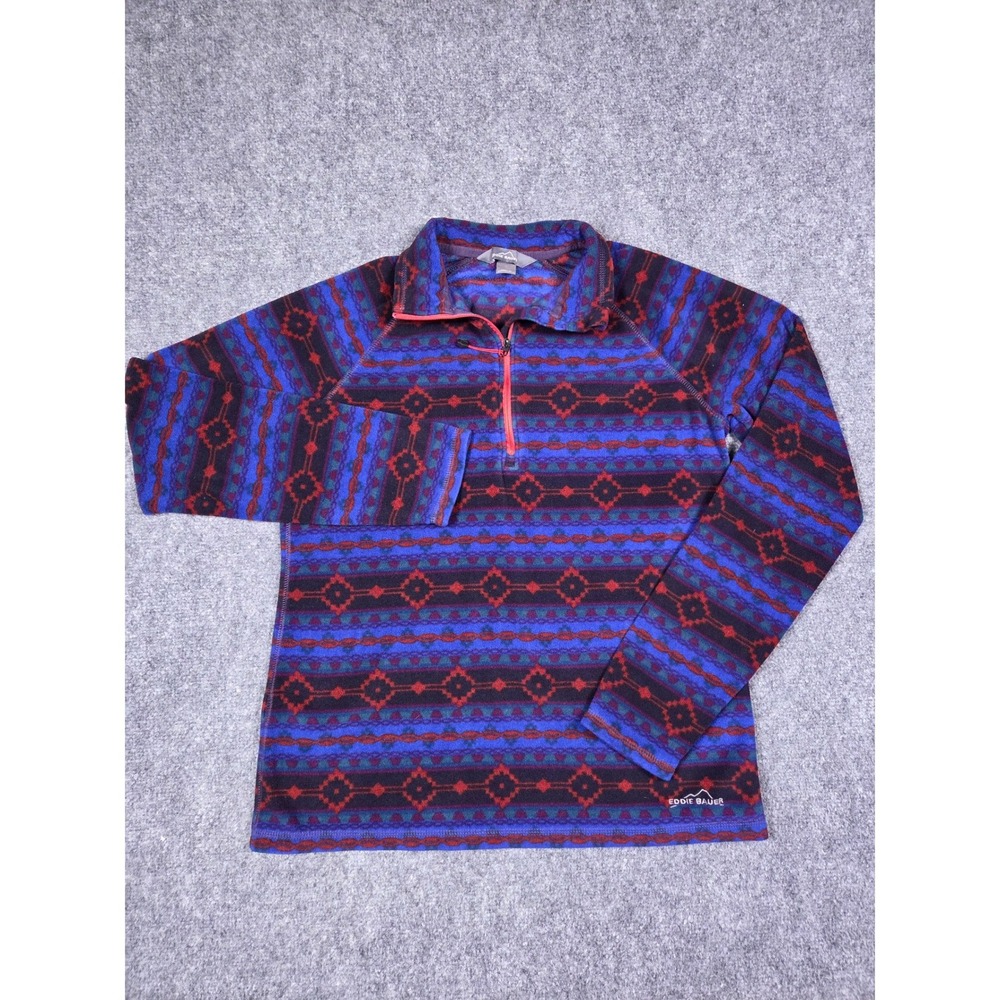 Eddie Bauer Fleece Pullover Womens Medium Blue Red Aztec Geometric 1/4 Zip